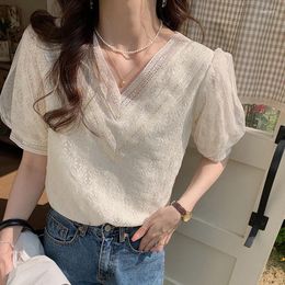 Women's Blouses White Lace Hollow Out V-neck Fairy Blouse Women Summer Fashion Puff Short Sleeve Shirts Korean Style Ladies Elegant