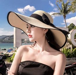 Woman Straw Beach Sun Hat Summer Casual Wide Brim Solid Folding Hat Lady Floppy Bowknot Ribbon Beach Cap TTA10366549349