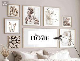 Wild Boho Woman Wheat Plant HOME Quotes Poster Canvas Wall Art Print Nature Landscape Painting Decorative Scandinavian Pictures X08593802
