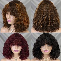 250% Density Guleless Wig Human Hair Brown Highlight Burgundy Ready To Wear 12 Inch Water Wave Remy Thick Bob With Bang