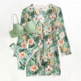 Women's Swimwear Summer Beachwear Set Women Three-piece Swimsuit Floral Print Bikini With High Waist Long Sleeve For