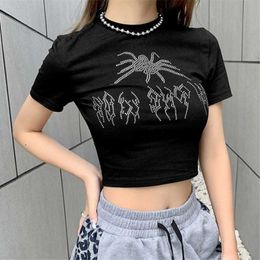 New Summer Ladies Streetwear Rhinestone Crop Tops Bare Midriff Bling T-shirt For Women
