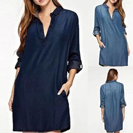 Casual Dresses Denim Blue V-Neck Dress Women'S Fashion Vintage Washed Shirt With Lapel Long Sleeve Elegant Summer
