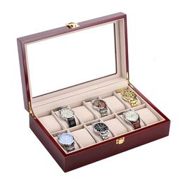 Wooden Luxury Watch Box 2/3/5/6/10/12 Slots Red Boxes Stoving Varnish Home Jewellery Storage Organiser Transparent Glass Show 240518