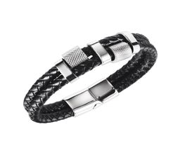 Trendy Black Double Braided Leather Rope Chain Bracelet Men Stainless Steel hippop Male Bangles Wrist Jewellery Gift48642564969468