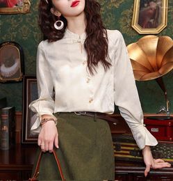 Women's Blouses Button Up Long Sleeved Chiffon Shirt Clothing 2024 Spring Chinese Style Top