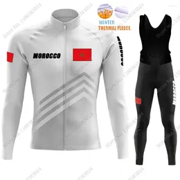 Racing Sets 2024 White Morocco National Team Cycling Jersey Set Winter Clothing Suit Mens Long Sleeve MTB Bike Road Pants Bib Ropa Ciclismo