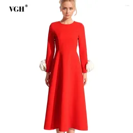 Casual Dresses VGH Elegant Spliced Appliques For Women Round Neck Long Sleeve High Waist Patchwork Zipper Slimming Dress Female Style