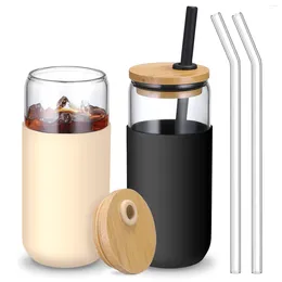 Coffee Pots Glass Cups With Bamboo Lid Straw Can Shaped Glasses Mug Silicone Sleeve Anti Scalding Portable Car Water Bottle For Gift