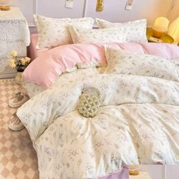 Bedding Sets Ins Pink Flowers Set Bed Sheet Pillowcase Twin Fl Queen Size Linen Women Girls Floral Duvet Er No Filling 240127 Drop Del Dhggz