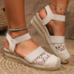 Sandals New Women Wedge Heel Espadrilles Closed Toe Slingback Platform Shoes Braided Espadrille Ankle Strap High Heeled H240517