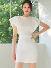 Work Dresses Korean Fashion Summer White Chic 2 Piece Outfit Formal Elegant Office Women Cropped Tops Shirt Blouse Mini Skirt Mujer Short