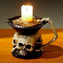 Candle Holders Creative Three Ghost Head Candlestick with Top Holder Desktop Storage Tray Halloween Theme Decorative Background Props H240517