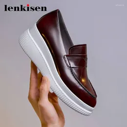Fitness Shoes Lenkisen European Style Full Grain Leather Slip On Solid Wedges Thick Bottom Sneaker Pointed Toe Natural Vulcanised L3f6