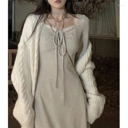 Casual Dresses French Square Collar Long-Sleeved Knitted Dress Female 2024 Autumn Winter All-match Lace-up Design Sense Niche Thin Skirt X4