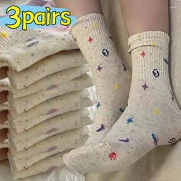 Women Socks 1-3pairs Lovely Moon Stars Pattern Harajuku Creative Streetwear Black Beige Long Sock Planet Space Tube Meias