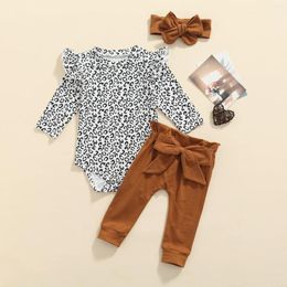 Clothing Sets Princess Baby Girls 3Pcs Fall Outfits Long Sleeve Leopard Ruffle Romper Bow Tie Pants Headband Set Infant Little Clothes