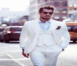 Whole White Grooms Tuxedos Beach Wedding Suits For Men Slim Fit Men Linen Suits Three Piece Groomsmen Suit JacketPantsVest8841834