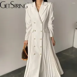 Casual Dresses Women Dress 2024 Autumn Temperament Double Breasted Notched Collar Full Sleeve Long White Black Pleated