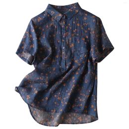 Women's Blouses Vintage Floral Short Sleeve Button Up Breathable Cotton Linen Shirt Casual V Neck