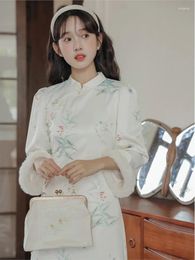 Casual Dresses Improved Cheongsam Women's Floral Printed Dress Chinese Style Midi O-neck High Slit Slim Autumn Winter Vintage Vestido
