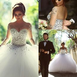 Luxurious Rhinestones Crystal Ball Gown Wedding Dresses Vintage O Neck Long Sleeves Backless Plus Size Floor-length Bridal Gowns 305D