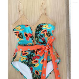 Women's Swimwear One Piece Swimsuit 2024 Sexy Lace Up Women Belt Beachwear Bathing Suit Printed Monokini Swim