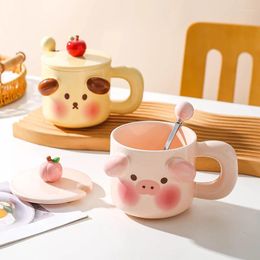 Mugs 3D Cartoon Animal Pig Dog Ceramic Mug With Lid Breakfast Oatmeal Cup Milk Coffee Water Spoon