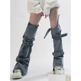 Shoe Parts Accessories Womens Chic Leg Warmers Knee Length Buckled Denim Stockings Gothic Kawaii Y2K Long Sock Streetwear 240422 Dr Dhk31