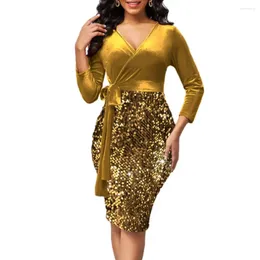 Casual Dresses Women Elegant V-neck Dress Sparkling Sequin Mini For Slim Belted Waist 3/4 Sleeves Party Ready