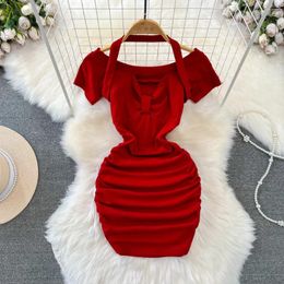 Casual Dresses Formal Dress Women Elegant Neck-mounted Spicy Girl Solid Hip Wrap Pleated Spring French Chic Vestido Female Drop