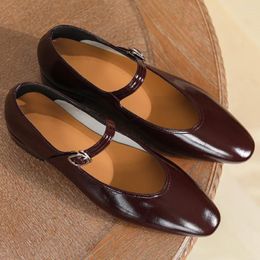Casual Shoes Women's Genuine Leather Round Toe Metal Belt Slip-on Ballet Flats Leisure Soft Comfortable Daily Mary Jane Ballerinas