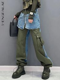 SHENGPALAE Fashion Women Denim Spliced Culottes Niche Design Elastic Waist Contrast Colour Straight Jeans Autumn 2024 5R7922 240517