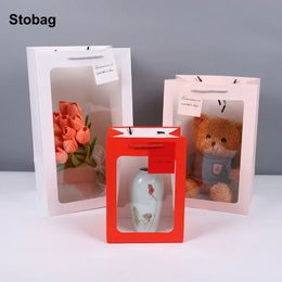 StoBag 10pcs Transparent Kraft Paper Gift Tote Bag with Window Candy Cookies Cake Packaging Present Favour Party Birthday Holiday 240517