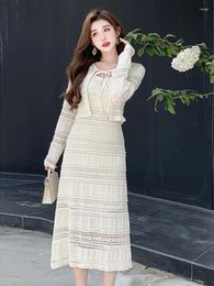 Work Dresses Trendy Spring Autumn Sweet 2 Piece Outfit Suits Women Ladies Clothes Short Tops Cardigan Sexy Strap Slim Midi Dress Robe Set