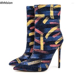 Boots Ahhlsion Stylish Women Winter Ankle Sexy Stiletto Heels Pointed Toe Nice Blue Grey Red Party Shoes US Plus Size 5-13