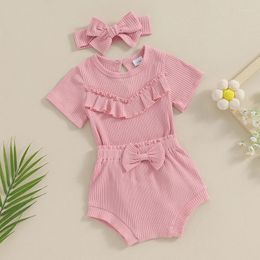 Clothing Sets Summer Born Baby Girl Clothes Ribbed Outfit Short Sleeve Ruffle Romper Bow Shorts With Headband Solid 3Pcs Set