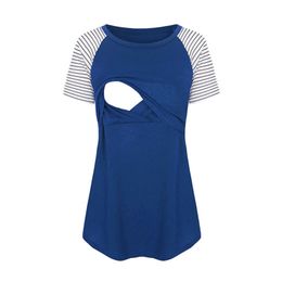 Maternity Tops Tees Ladies Women Pregnant Maternity Nursing Tops Mom Breastfeeding T-Shirt Short Sleeve Pacthwork Striped Casual Top Outfits Y240518