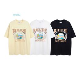 Rhude Micro Label Letter Emblem Printed Short Sleeve T-shirt for Men and Women Couples American High Street Half Sleeves