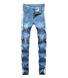 Mens Designer Jeans Ripped Distressed Long Light Blue Striped Jean Pants Fashion Trousers9800035