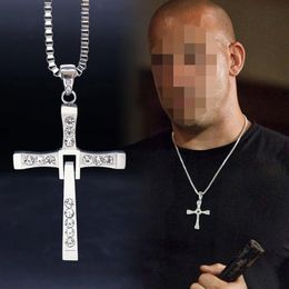 Fast and Furious Movies Actor Dominic Toretto Rhinestone 14K Gold Cross Crystal Pendant Chain Necklace Men Jewelry Clavicle Necklaces
