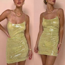 Casual Dresses 2024 Summer Sequin Spaghetti Strap For Women Sexy Low Cut Backless Slim Mini Dress Fashion Party Night Club Prom Vestido