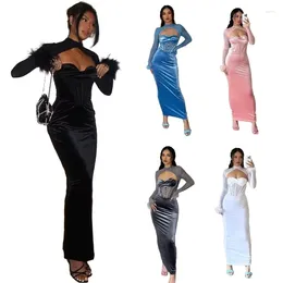 Casual Dresses Women Sexy Sheer Mesh Long Sleeve Cut Out Bodycon Maxi Dress Mock Neck Corsets Evening With Feather Cuffs