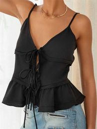 Women's Tanks Camis CHRONSTYLE Women Summer Fashion Camis Tops Solid Color Slveless Dp V Neck Front Split Tie-Up Mini Vest Ruffles Hem Tank 2024 Y240518