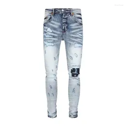 Men's Jeans High Street Fashion Light Blue Elastic Slim Fit Wash Nostalgic Hip Hop Brand Hole Patch And Women's Same S