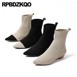 Boots Celebrity Low Heel Fall Shoes Wedges Ankle Short Pointed Toe Famous Trend Women Breathable 34 Knit Stretch Sock Slip On