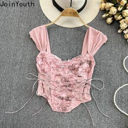 Women's Tanks Pink Crop Tops Bandage Tunic Women Clothing Sleeveless Sequined Sexy Camis Fashion Korean Y2k Vest 2024 Ropa Mujer