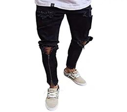 LONGBIDA Men Zipper Biker Jeans Ripped Holes Destroyed Stretch Skinny Jeans Street Style Denim Pencil Pants for Male3093375