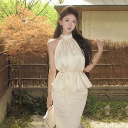 Work Dresses 2024Summer Skirt Set Lady Lace-up Pleated Satin Camisole Women High Waist Sexy Long Two-piece Suit Sleeveless Shirt Sets