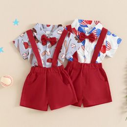 Clothing Sets FOCUSNORM 0-18M Baby Boys Gentleman Clothes Set Balloon Baseball Print Shirts Romper With Overall Shorts And Bow Tie